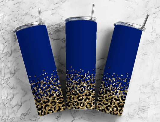 Glitter Leopard 20oz Sublimation Tumbler Designs, Gold and Navy Blue 9.2 x 8.3” Straight Skinny Tumbler Wrap PNGBottom blue