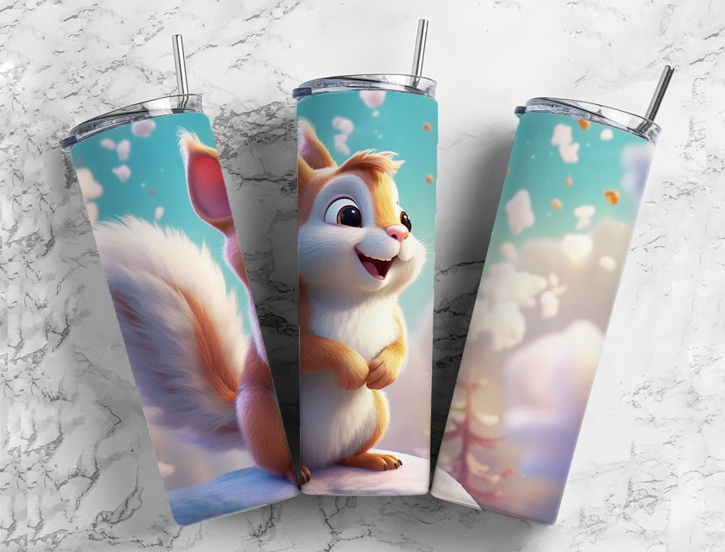 Cartoon squirrel 20oz Sublimation Tumbler Designs, sky clouds 9.2 x 8.3” Straight Skinny Tumbler Wrap PNG