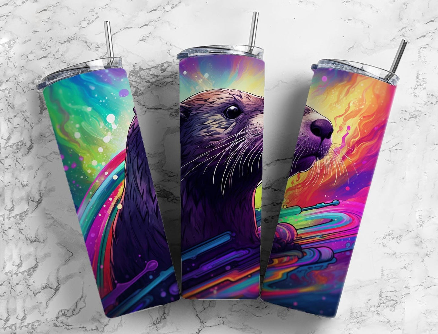 Rainbow otter 20oz Sublimation Tumbler Designs, colorful ocean 9.2 x 8.3” Straight Skinny Tumbler Wrap PNG