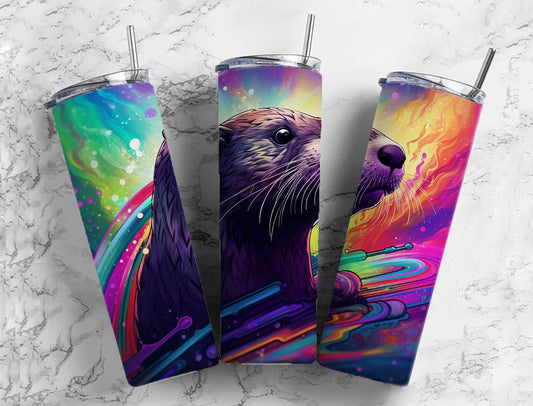 Rainbow otter 20oz Sublimation Tumbler Designs, colorful ocean 9.2 x 8.3” Straight Skinny Tumbler Wrap PNG