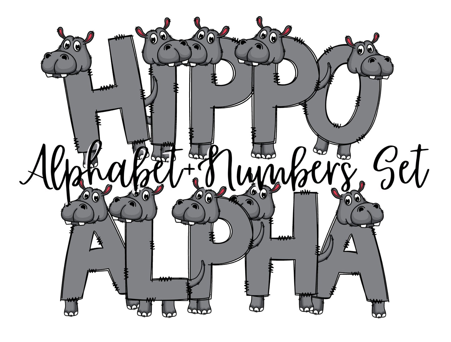 Hippo Doodle Letters Alphabet with Uppercase and Numbers PNG, Alphabet PNG Digital Download PNG