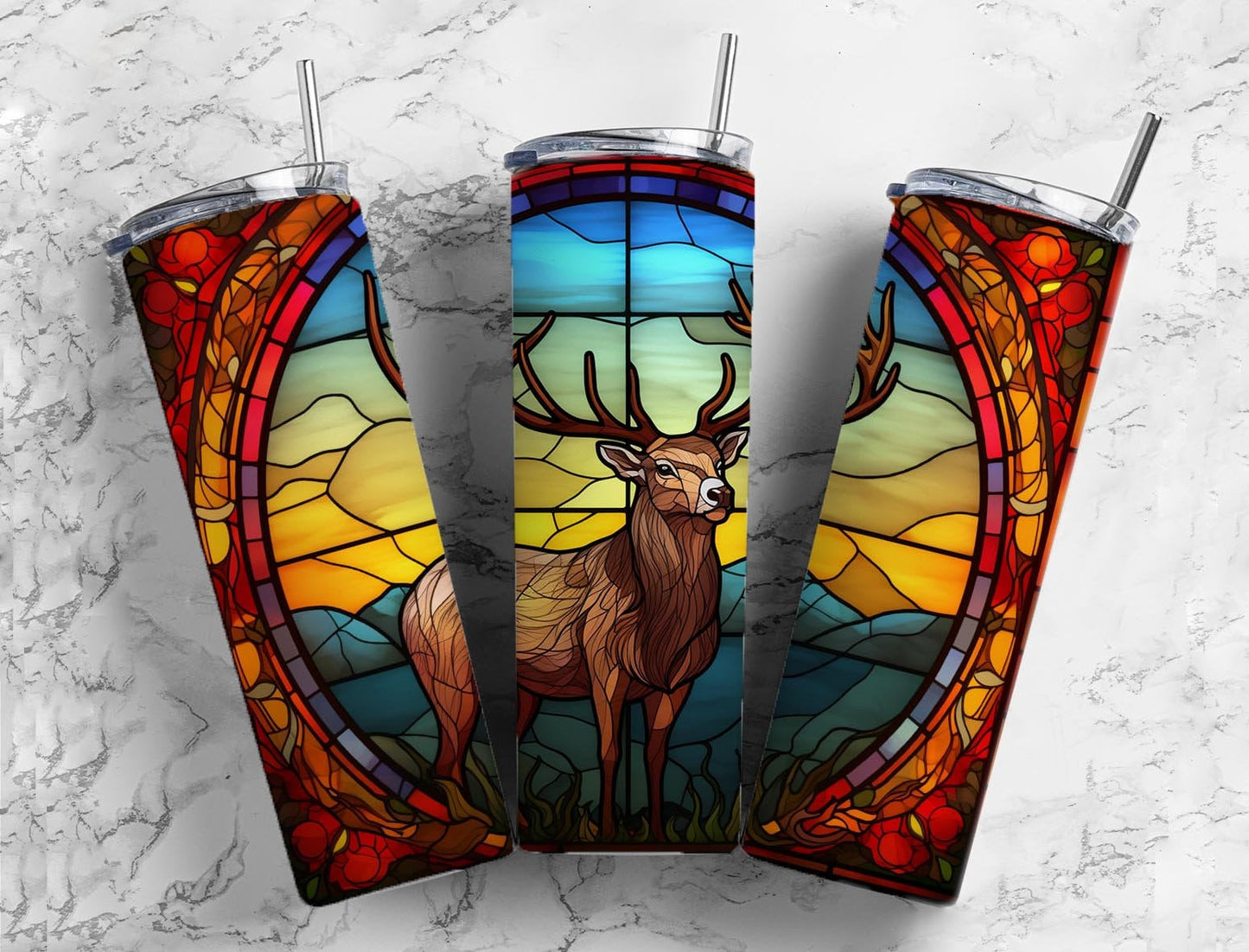 Stained glass window 20oz Sublimation Tumbler Designs, Sunset deer 9.2 x 8.3” Straight Skinny Tumbler Wrap PNG