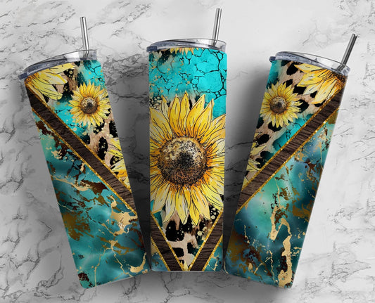 Sunflower Turquoise 20oz Sublimation Tumbler Designs, Aztec Western 9.2 x 8.3” Straight Skinny Tumbler Wrap PNG, Southwest tumbler