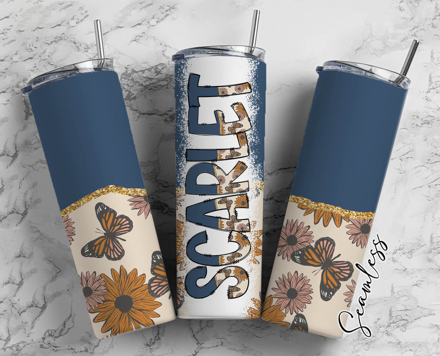 Butterfly Sunflower Tumbler Wrap with Matching Doodle Letter Alphabet PNG, Blue Boho Add your Own name 20oz Tumbler, Retro Alpha Set PNG 42