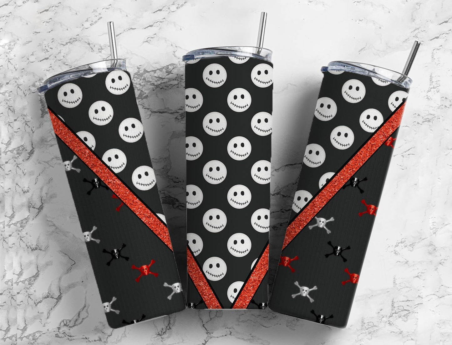 Smiley face skulls 20oz Sublimation Tumbler Designs, black and red 9.2 x 8.3” Straight Skinny Tumbler Wrap PNG