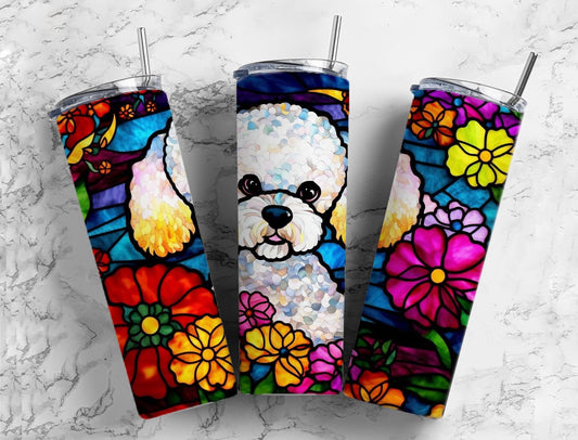 White poodle 20oz Sublimation Tumbler Designs, stained glass 9.2 x 8.3” Straight Skinny Tumbler Wrap PNG