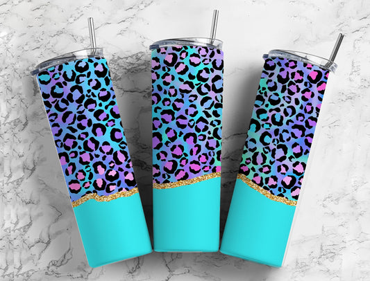 Purple and blue leopard 20oz Sublimation Tumbler Designs, animal print 9.2 x 8.3” Straight Skinny Tumbler Wrap PNG