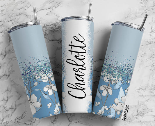 Blue Daisy Flower Floral 20oz Sublimation Tumbler Designs, Silver Glitter Split9.2 x 8.3” Straight Skinny Tumbler Wrap PNG 196