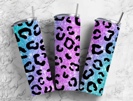 Purple and blue glitter 20oz Sublimation Tumbler Designs, gradient leopard print 9.2 x 8.3” Straight Skinny Tumbler Wrap PNG