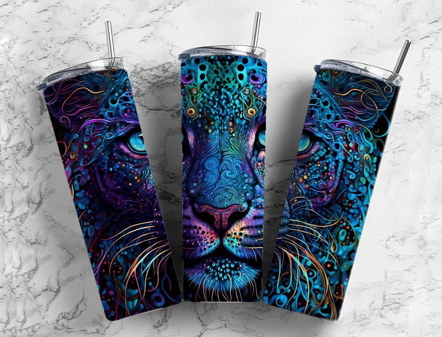 Colorful leopard 20oz Sublimation Tumbler Designs, Purple and blue 9.2 x 8.3” Straight Skinny Tumbler Wrap PNG