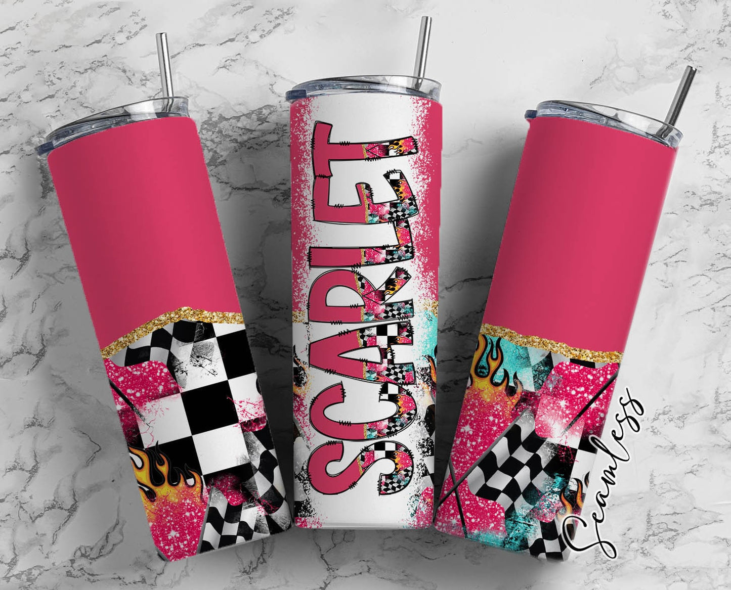 Racing Flag Tumbler Wrap with Matching Doodle Letter Alphabet PNG, Hot Pink Add your Own name 20oz Tumbler, Flag Alpha Set PNG 23