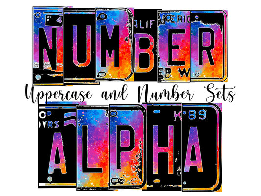 Alcohol Ink Number Plate Alphabet Uppercase Numbers PNG, Neon Ombre Alphabet PNG Digital Download