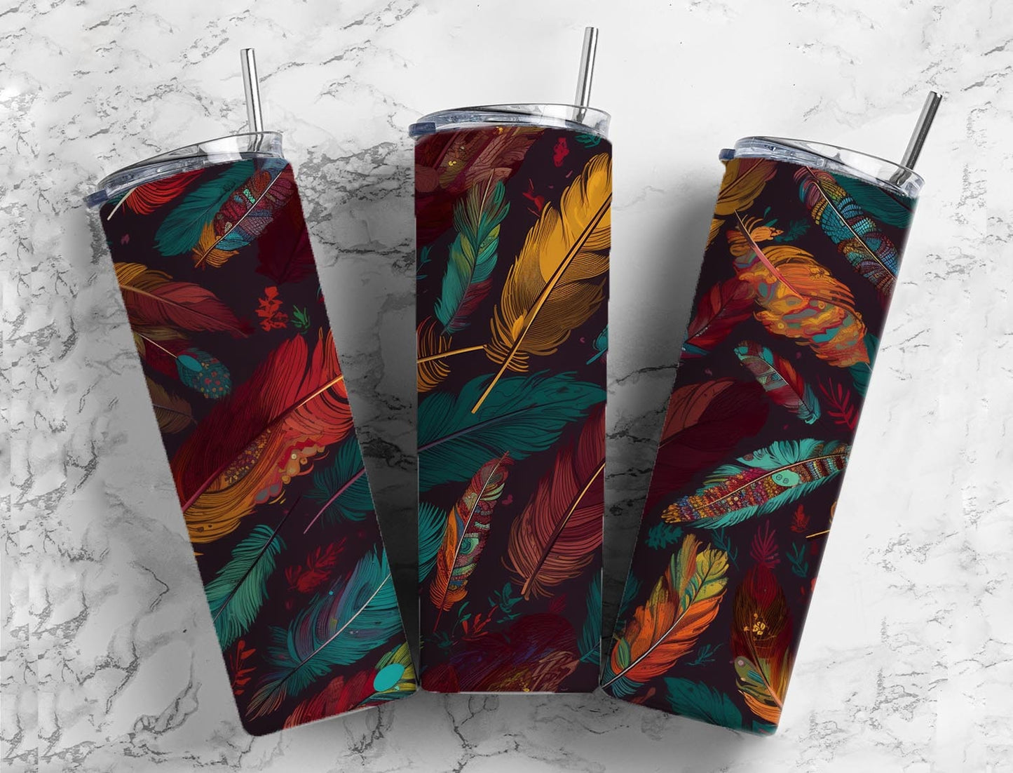 Rainbow feathers 20oz Sublimation Tumbler Designs, colorful pattern 9.2 x 8.3” Straight Skinny Tumbler Wrap PNG (1)