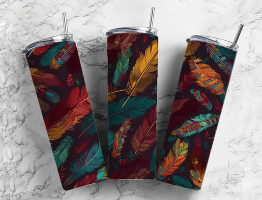 Rainbow feathers 20oz Sublimation Tumbler Designs, colorful pattern 9.2 x 8.3” Straight Skinny Tumbler Wrap PNG (1)