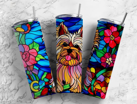 Yorkshire terrier 20oz Sublimation Tumbler Designs, Stained glass floral 9.2 x 8.3” Straight Skinny Tumbler Wrap PNG
