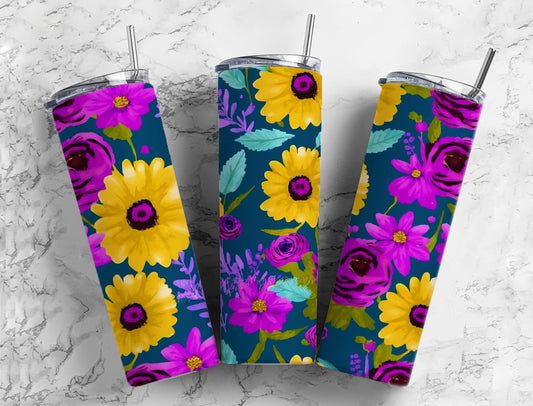 Sunflower floral 20oz Sublimation Tumbler Designs, Purple floral 9.2 x 8.3” Straight Skinny Tumbler Wrap PNG