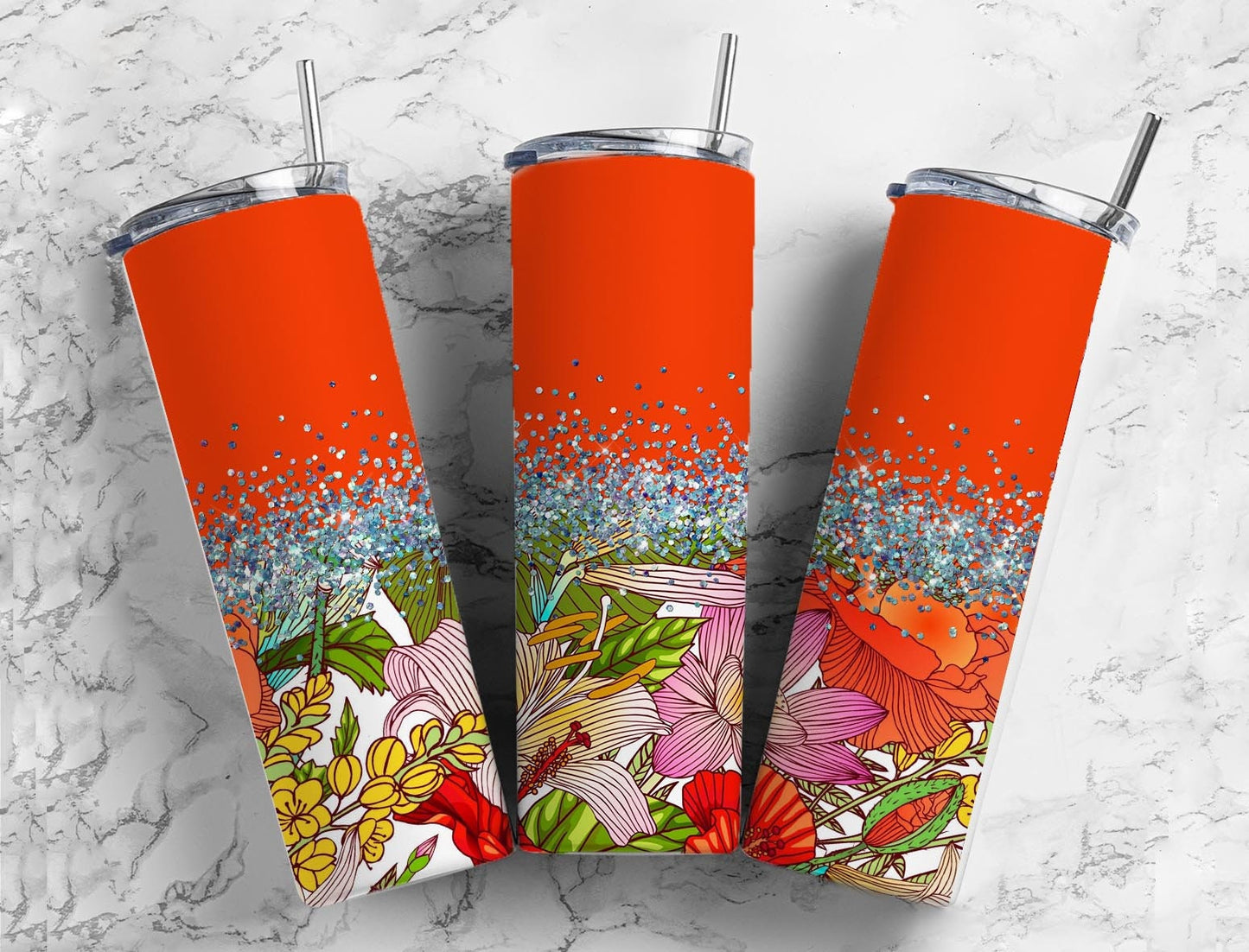 Boho Garden 20oz Sublimation Tumbler Designs, Iridescent Glitter Orange 9.2 x 8.3” Straight Skinny Tumbler Wrap PNG