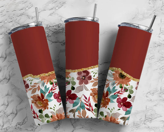 Wallpaper Flower 20oz Sublimation Tumbler Designs, AestheticFloral 9.2 x 8.3” Straight Skinny Tumbler Wrap PNG, Gold Agate 124