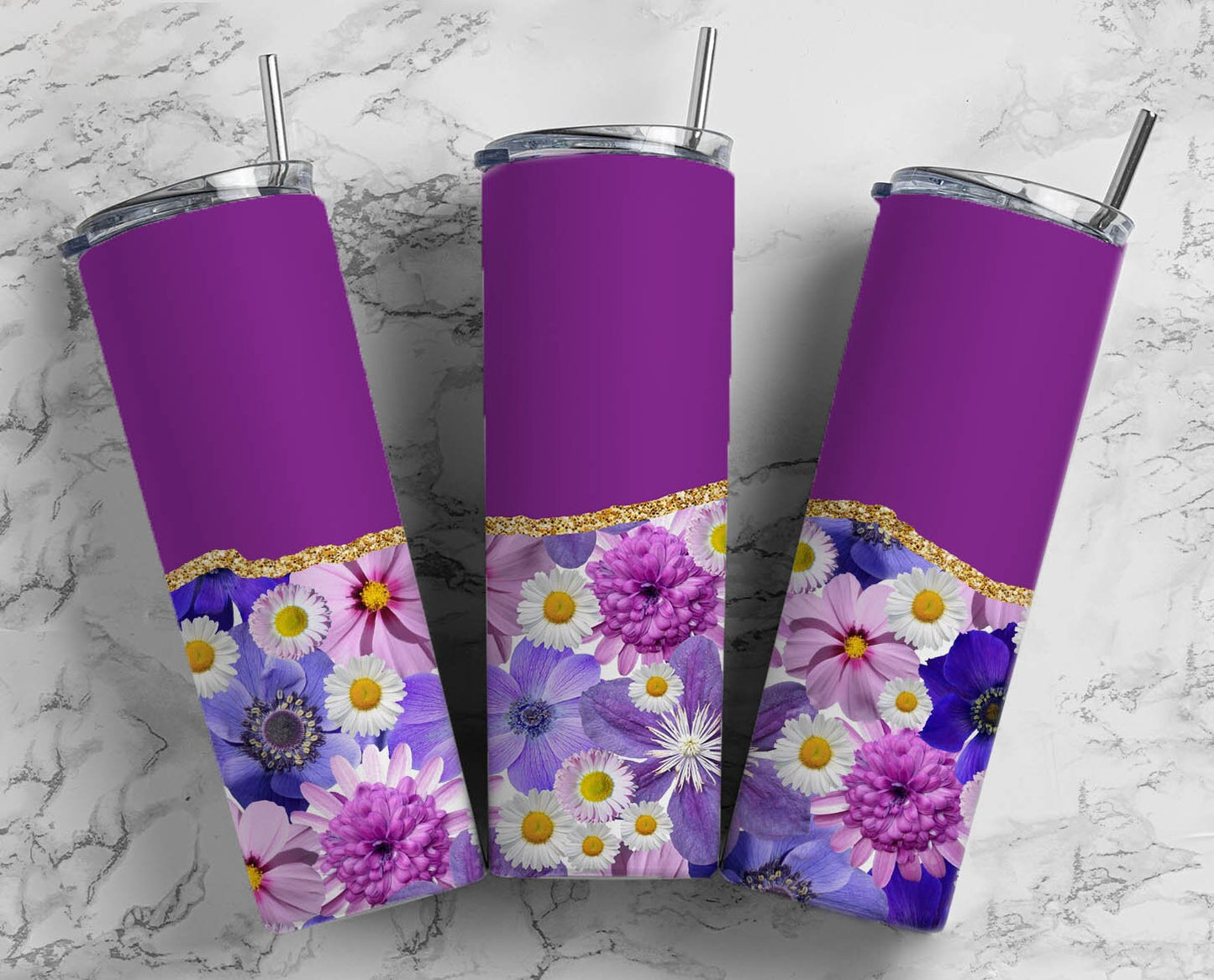 Purple Flower 20oz Sublimation Tumbler Designs, AestheticFloral 9.2 x 8.3” Straight Skinny Tumbler Wrap PNG, Gold Agate 115