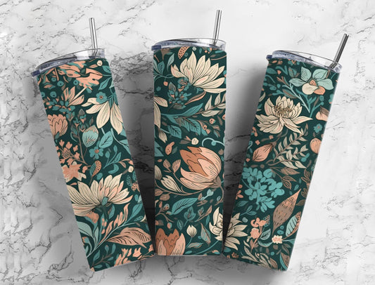 Dark floral 20oz Sublimation Tumbler Designs, Orange flower 9.2 x 8.3” Straight Skinny Tumbler Wrap PNG