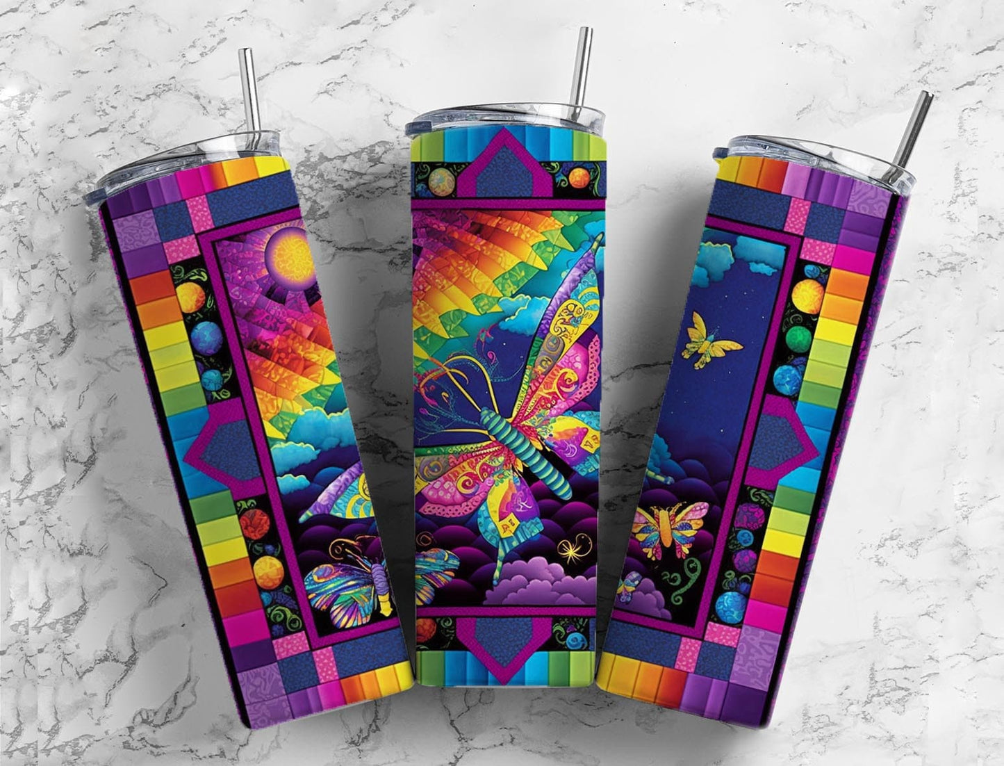 Butterfly 20oz Sublimation Tumbler Designs, Rainbow Patchwork Quilt 9.2 x 8.3” Straight Skinny Tumbler, Tumbler Wrap PNG