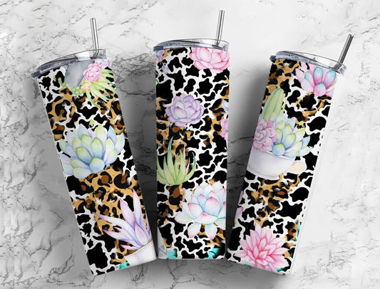 Succulent Cow 20oz Sublimation Tumbler Designs, Leopard Country Western 9.2 x 8.3” Straight Skinny Tumbler Wrap PNG, Turquoise Stone