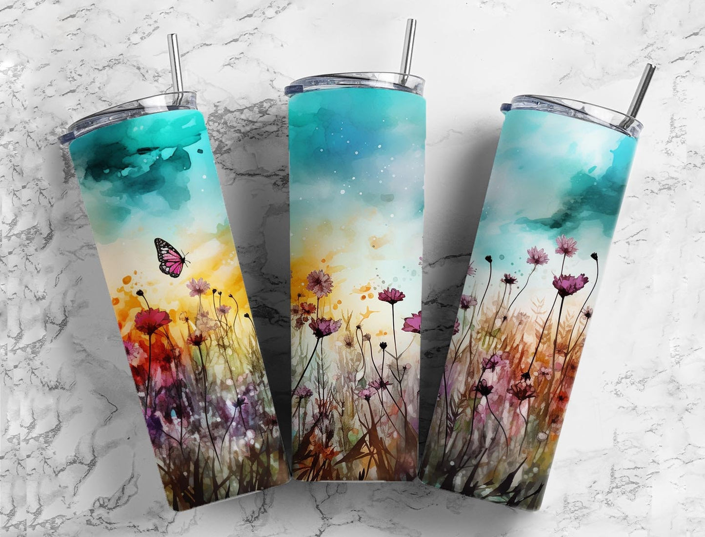 Butterfly floral 20oz Sublimation Tumbler Designs, flower field 9.2 x 8.3” Straight Skinny Tumbler Wrap PNG