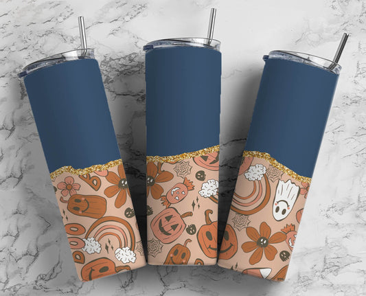 Retro Pattern Flower 20oz Sublimation Tumbler Designs, AestheticFloral 9.2 x 8.3” Straight Skinny Tumbler Wrap PNG, Gold Agate46