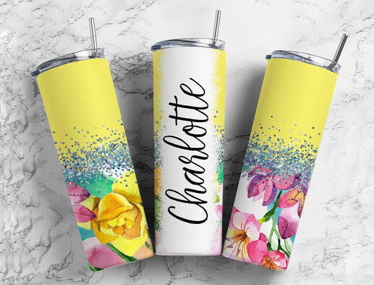 Yellow floral glitter 20oz Sublimation Tumbler Designs, Bleach name 9.2 x 8.3” Straight Skinny Tumbler Wrap PNG