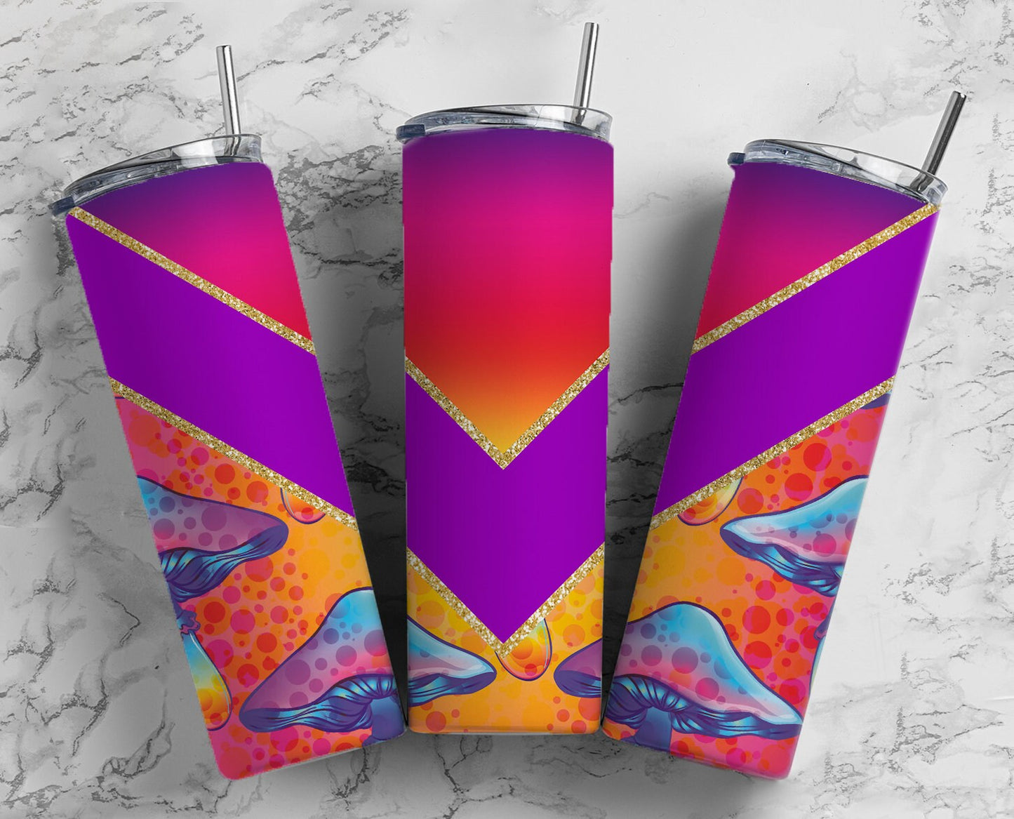 Tie Dye Mushroom 20oz Sublimation Tumbler Designs, Fluro Purple V Split 9.2 x 8.3” Straight Skinny Tumbler Wrap PNG 12