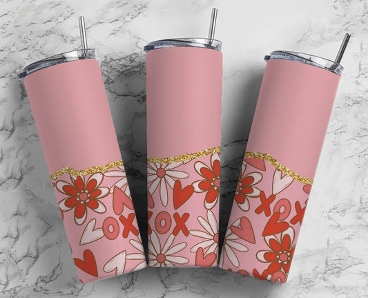 Pink Flower 20oz Sublimation Tumbler Designs, AestheticFloral 9.2 x 8.3” Straight Skinny Tumbler Wrap PNG, Gold Agate 57