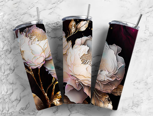 White floral 20oz Sublimation Tumbler Designs, Soft botanical 9.2 x 8.3” Straight Skinny Tumbler Wrap PNG