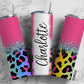 Pink Fluro Rainbow Leopard Print 20oz Sublimation Tumbler Designs, Silver Glitter Split 9.2 x 8.3” Straight Skinny Tumbler Wrap PNG 198