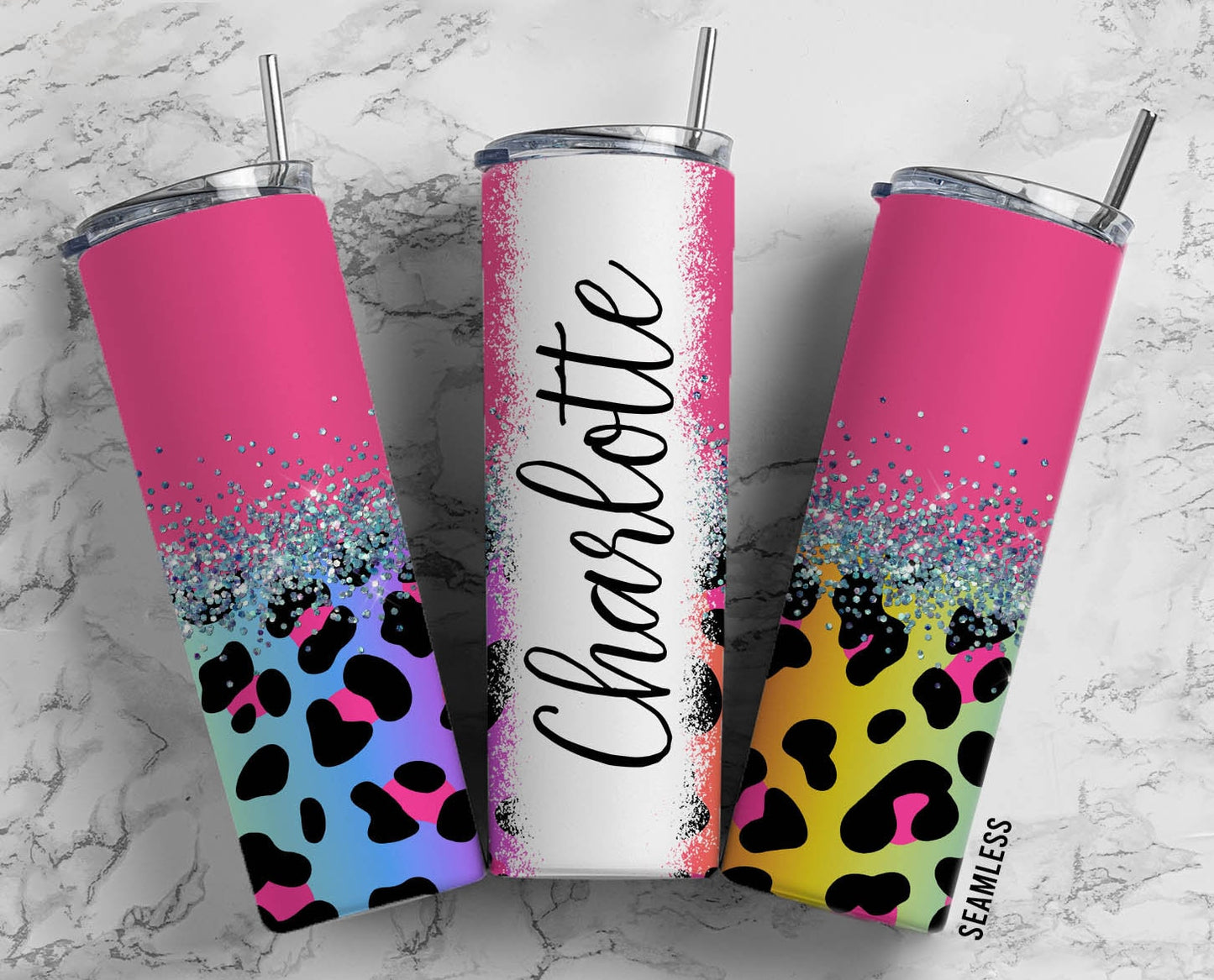 Pink Fluro Rainbow Leopard Print 20oz Sublimation Tumbler Designs, Silver Glitter Split 9.2 x 8.3” Straight Skinny Tumbler Wrap PNG 198