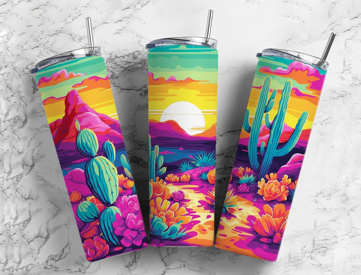 Colorful cactus 20oz Sublimation Tumbler Designs, Sunset desert 9.2 x 8.3” Straight Skinny Tumbler Wrap PNG