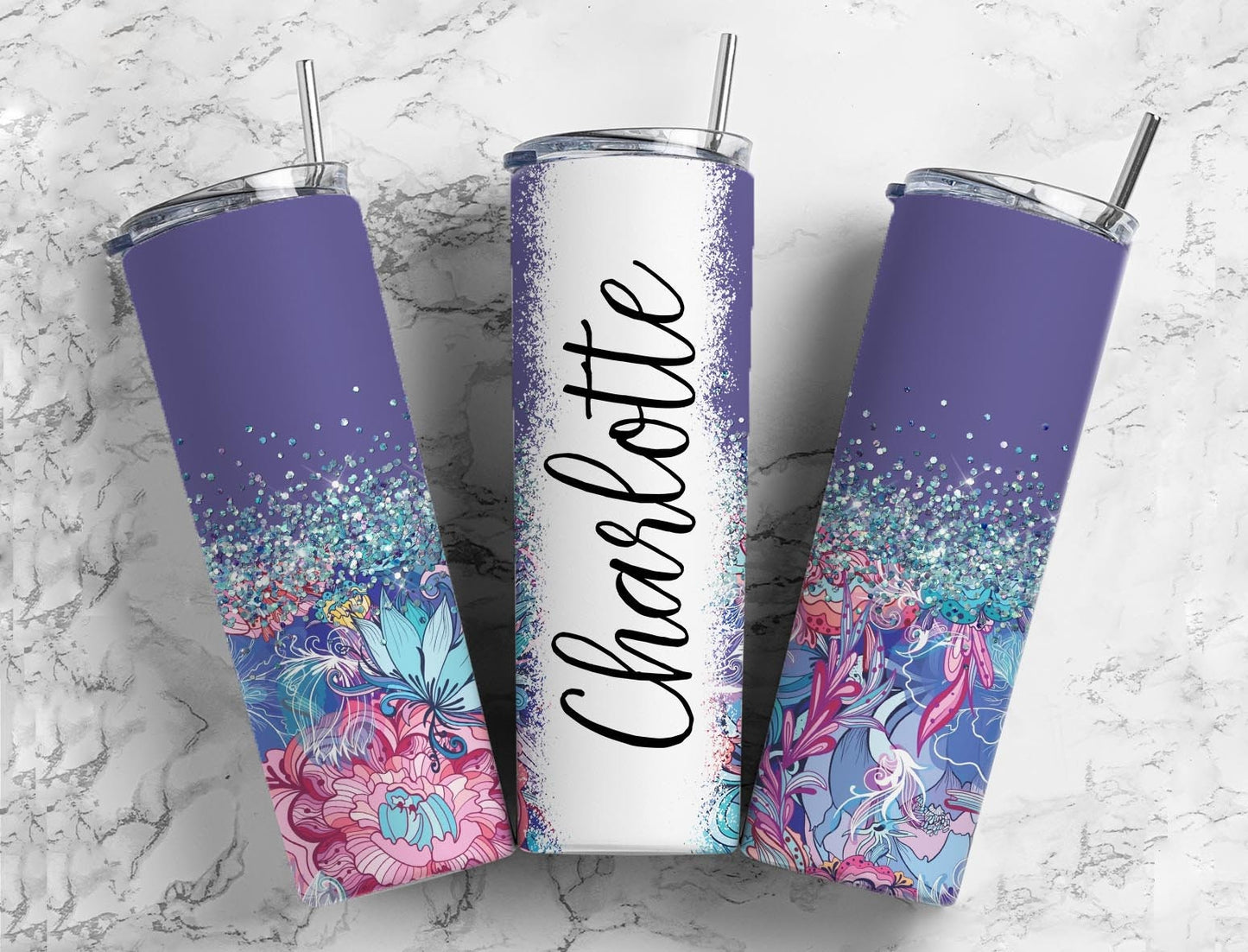 Botanical Boho 20oz Sublimation Tumbler Designs, Iridescent Glitter Purple 9.2 x 8.3” Straight Skinny Tumbler Wrap PNG