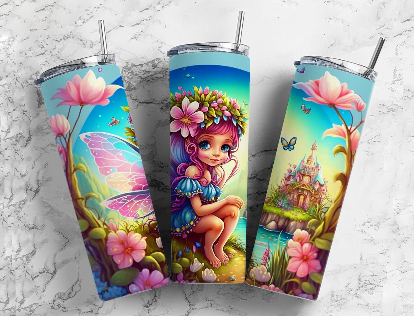 Fairy Rainbow 20oz Sublimation Tumbler Designs, Cartoon Girl 9.2 x 8.3” Straight Skinny Tumbler Wrap PNG, Sublimation Design PNG