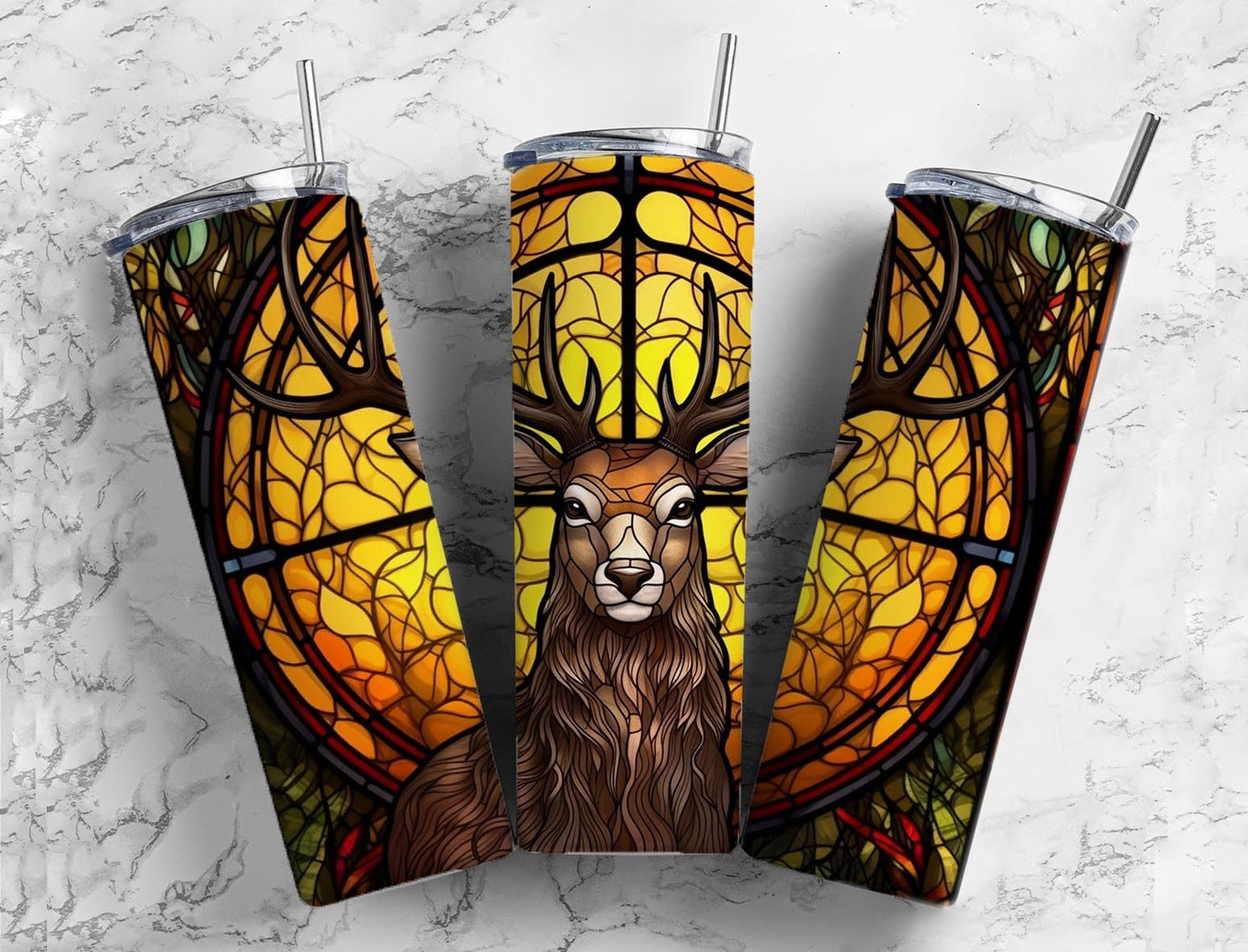 Stained glass window 20oz Sublimation Tumbler Designs, deer antlers 9.2 x 8.3” Straight Skinny Tumbler Wrap PNG