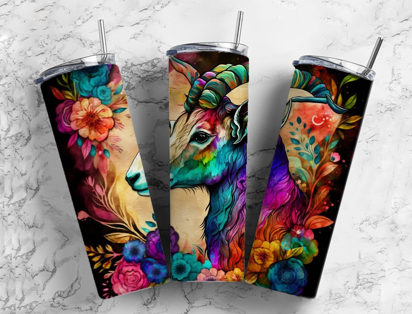 Rainbow goat 20oz Sublimation Tumbler Designs, Alcohol ink 9.2 x 8.3” Straight Skinny Tumbler Wrap PNG