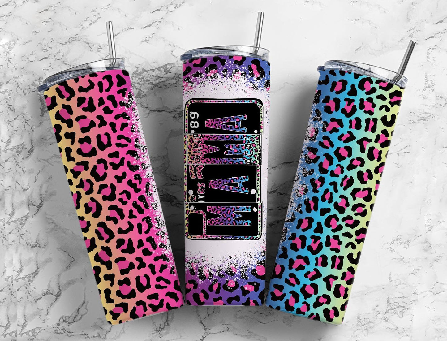 Rainbow Leopard 20oz Sublimation Tumbler Designs,Mama Number Plate 9.2 x 8.3” Straight Skinny Tumbler, Tumbler Wrap PNG