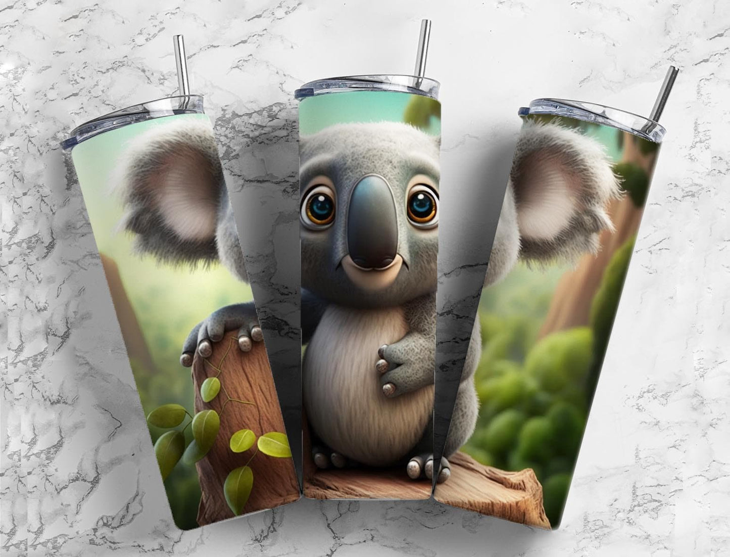 Cartoon koala 20oz Sublimation Tumbler Designs, Green forest 9.2 x 8.3” Straight Skinny Tumbler Wrap PNG