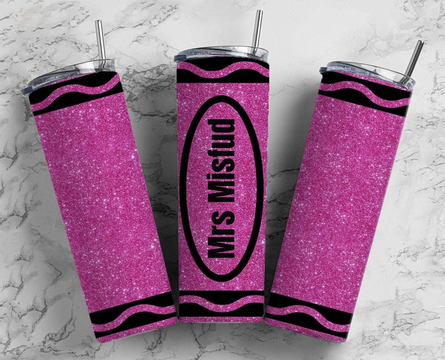 Pink Glitter Crayon 20oz Sublimation Tumbler Designs, Add name Teacher Gift 9.2 x 8.3” Straight Skinny Tumbler Wrap PNG 92