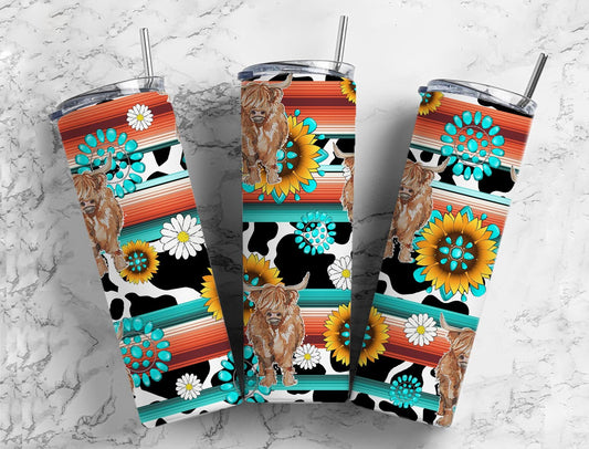 Cow print Serape 20oz Sublimation Tumbler Designs, Highland cow 9.2 x 8.3” Straight Skinny Tumbler Wrap PNG