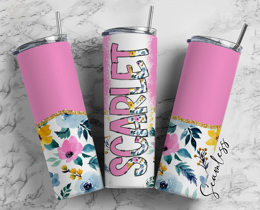 Pink Flower Tumbler Wrap with Matching Doodle Letter Alphabet PNG, Floral Aesthetic Add your Own name 20oz Tumbler, Alpha Set PNG 128