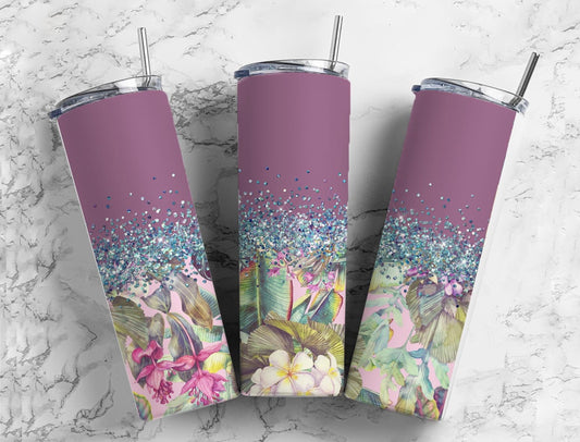 Botanical Alluring 20oz Sublimation Tumbler Designs, Iridescent Glitter Purple 9.2 x 8.3” Straight Skinny Tumbler Wrap PNG