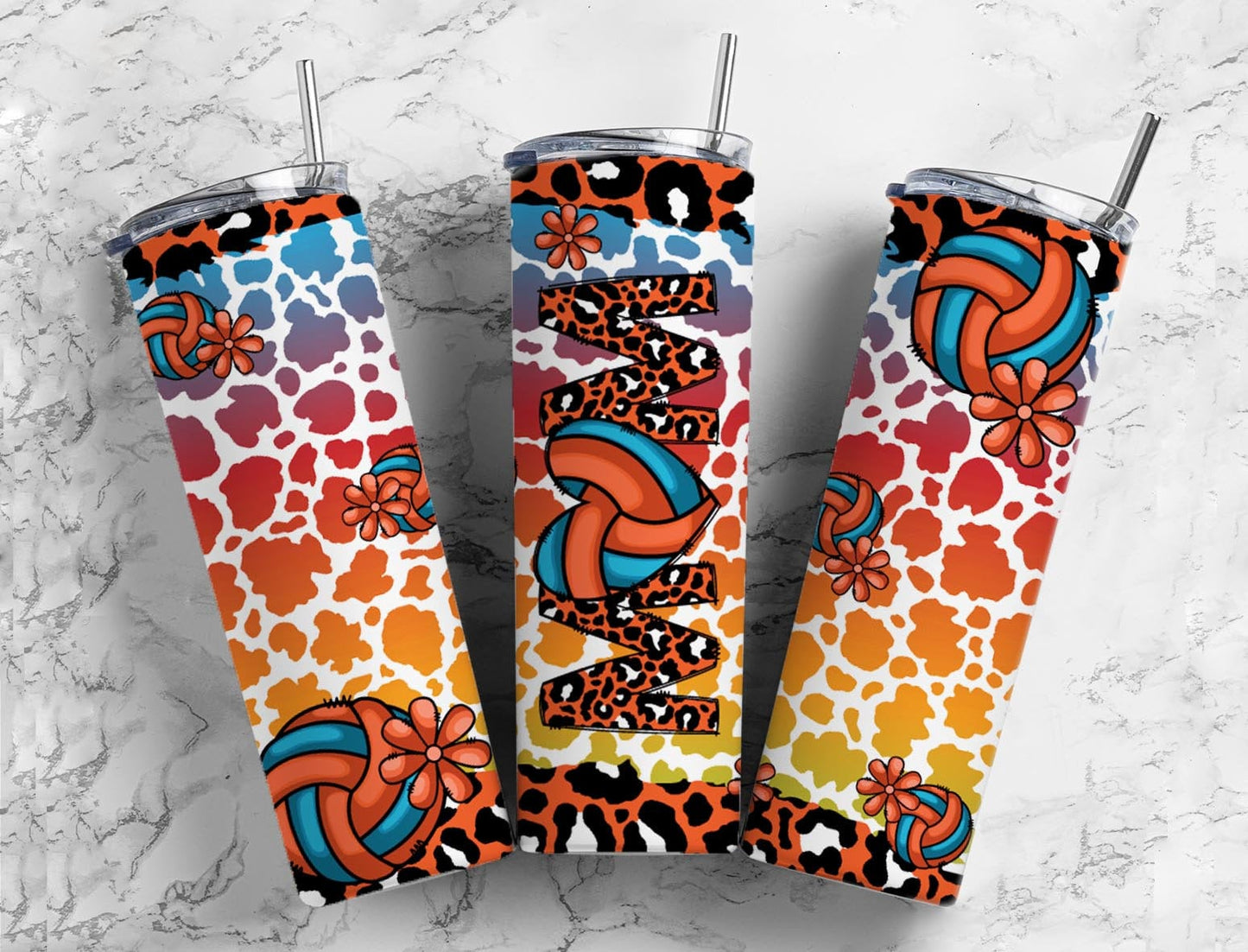 Volleyball mom 20oz Sublimation Tumbler Designs, Rainbow cow print 9.2 x 8.3” Straight Skinny Tumbler Wrap PNG