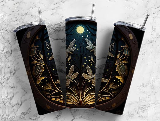 Tooled leather fireflies 20oz Sublimation Tumbler Designs, Engraved leather 9.2 x 8.3” Straight Skinny Tumbler Wrap PNG