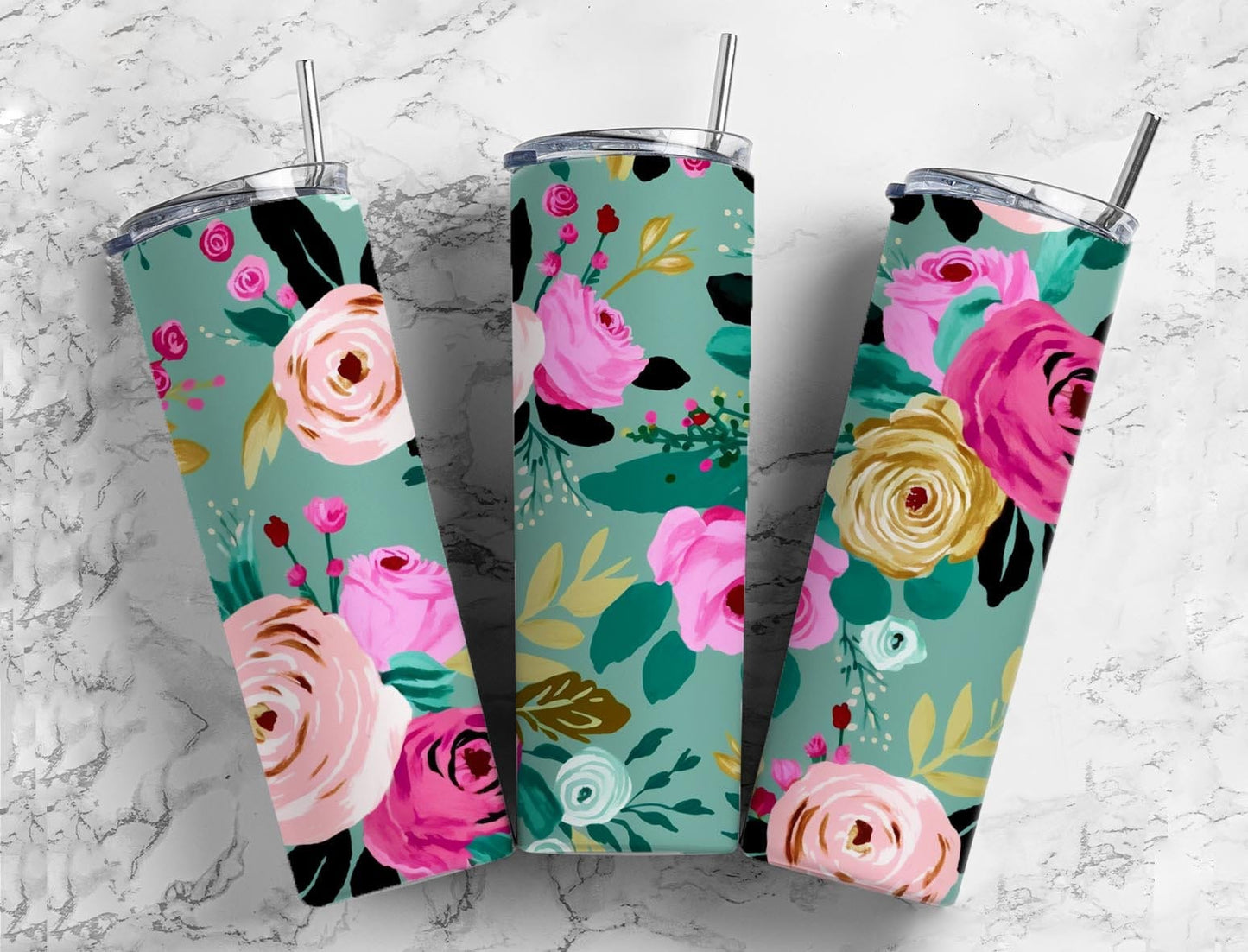 Colorful floral 20oz Sublimation Tumbler Designs, Blue and pink 9.2 x 8.3” Straight Skinny Tumbler Wrap PNG