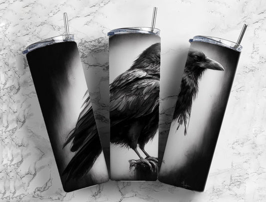 Crow 20oz Sublimation Tumbler Designs, Charcoal Painting 9.2 x 8.3” Straight Skinny Tumbler, Tumbler Wrap PNG