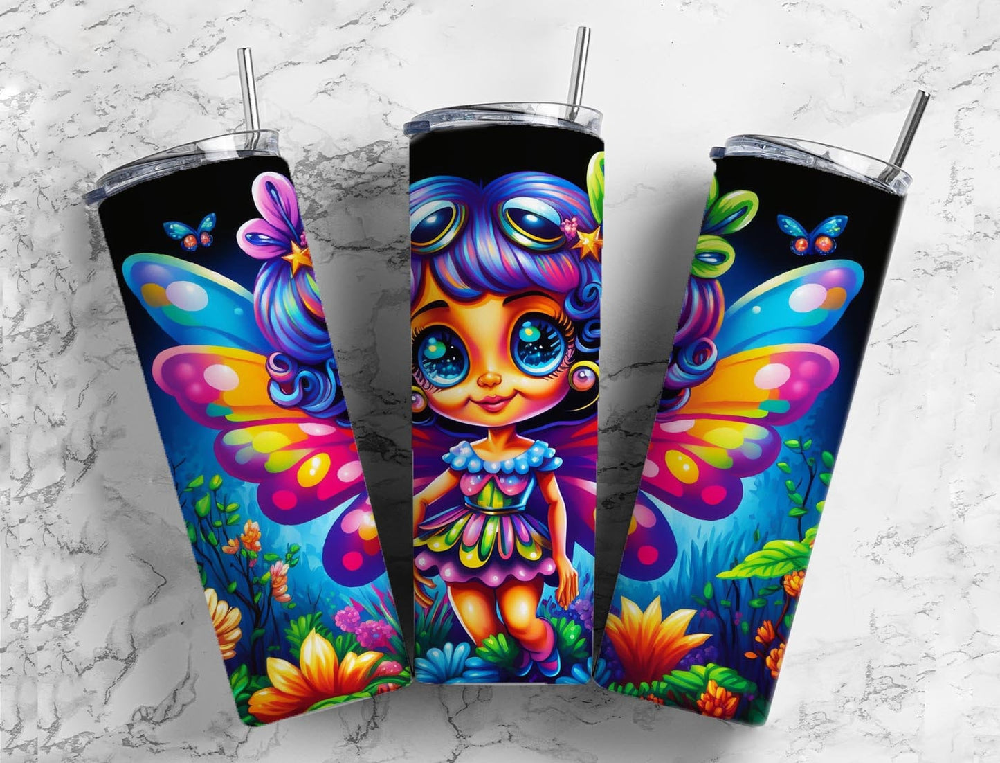 Cartoon fairy 20oz Sublimation Tumbler Designs, Colorful fantasy 9.2 x 8.3” Straight Skinny Tumbler Wrap PNG